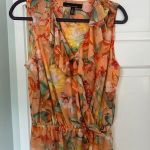 White House Black Market Floral Ruffle Blouse - Orange and Green